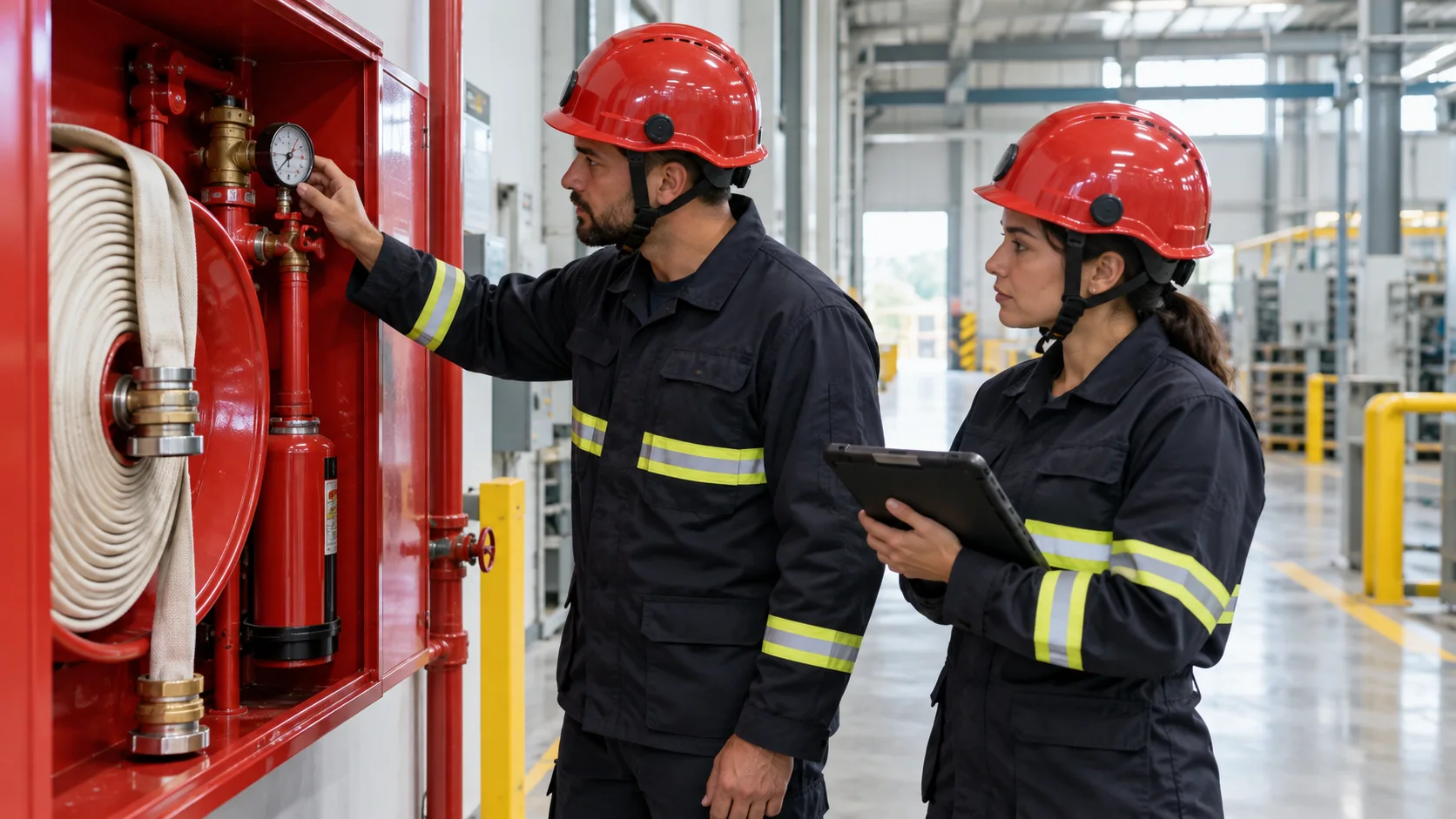 Bombeiros civis inspecionam equipamentos de prevenção a incêndio