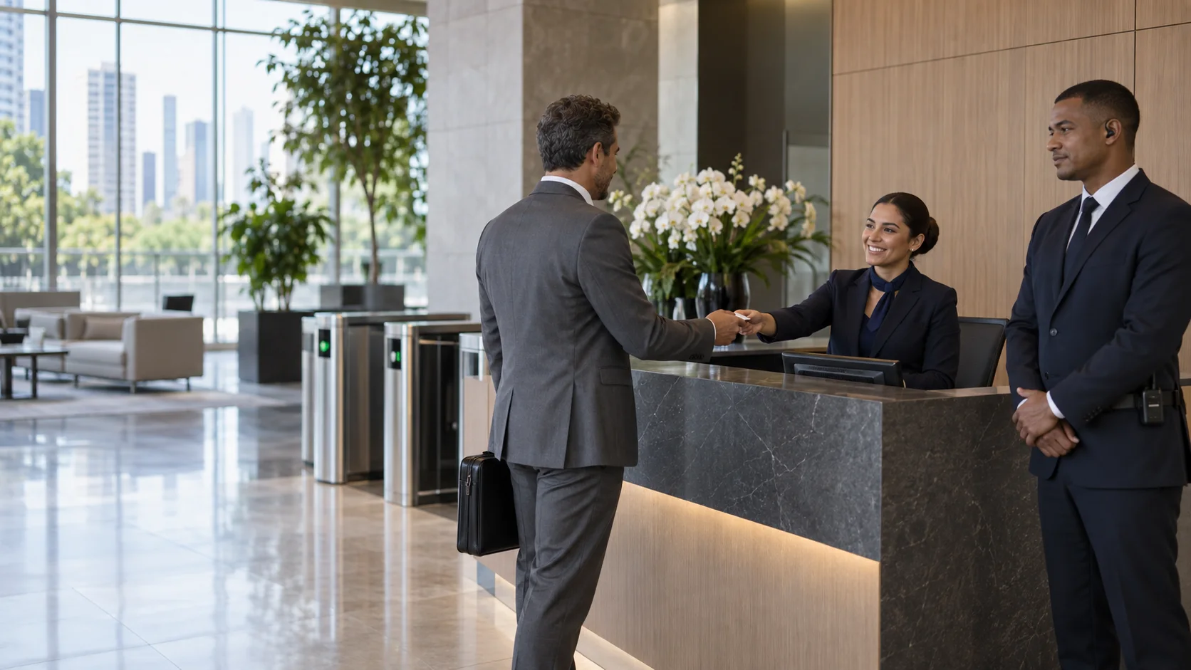 Recepção e controle de acesso em edifício corporativo